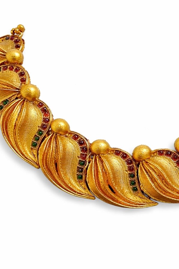 Traditional Gold Leaf Necklace with Red & Green Stone Detailing