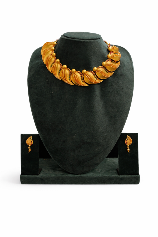 Traditional Gold Leaf Necklace with Red & Green Stone Detailing