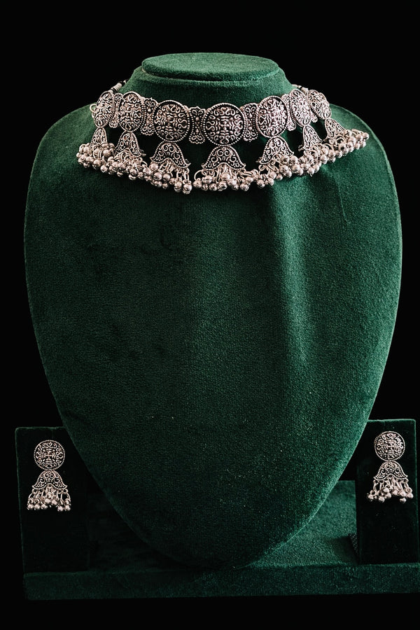 German Oxidized Choker Necklace Set with Ghungroo Earrings