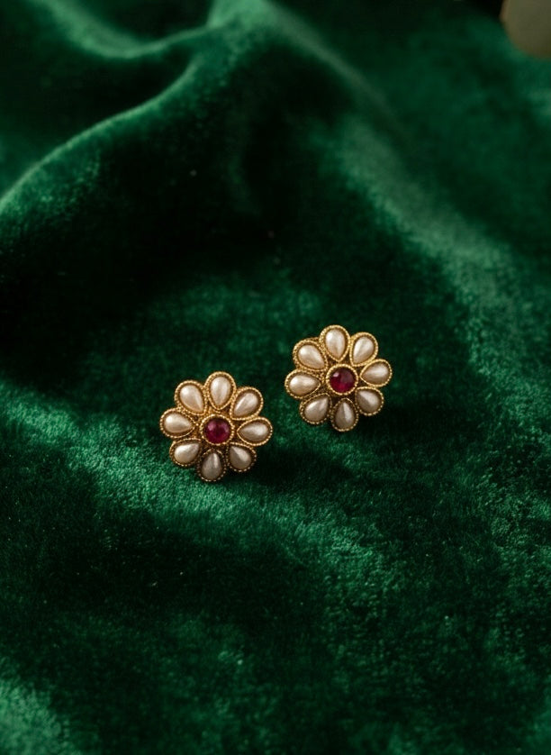 Floral Pearl & Ruby-Red Jewelry Set