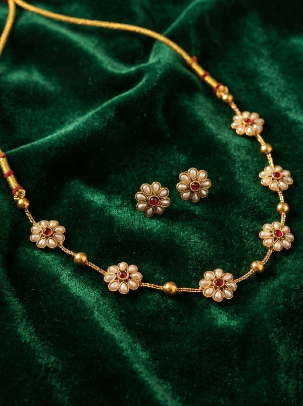 Floral Pearl & Ruby-Red Jewelry Set