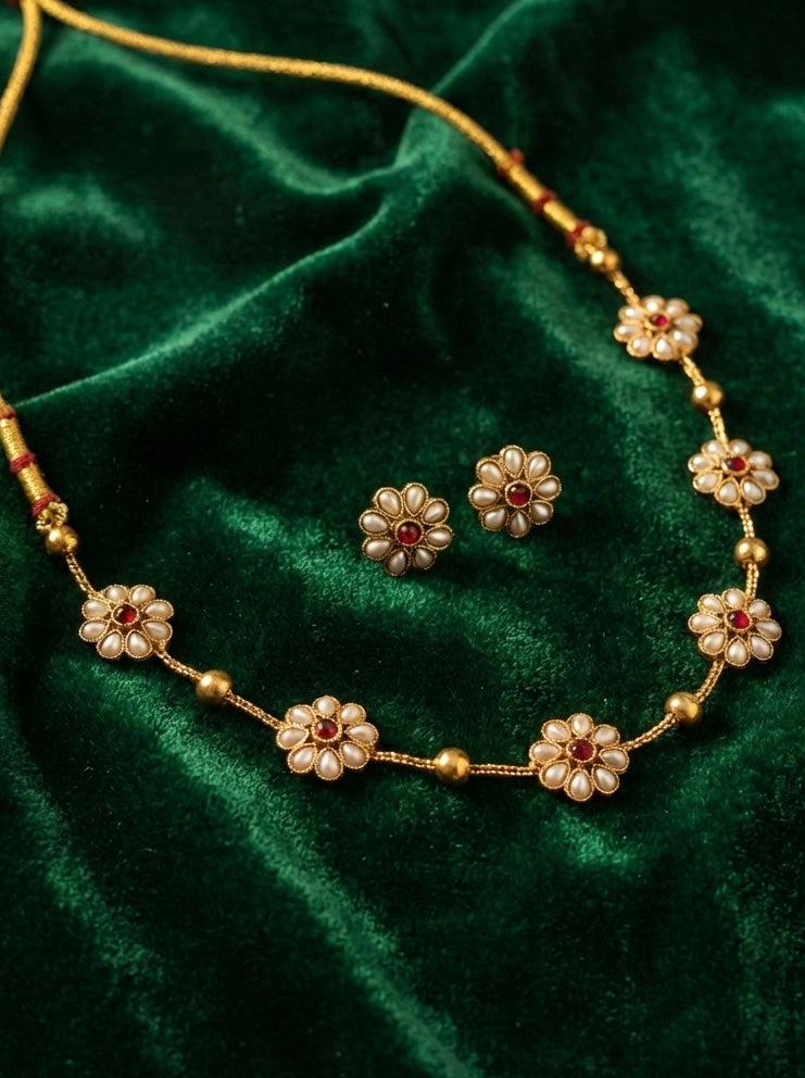 Floral Pearl & Ruby-Red Jewelry Set