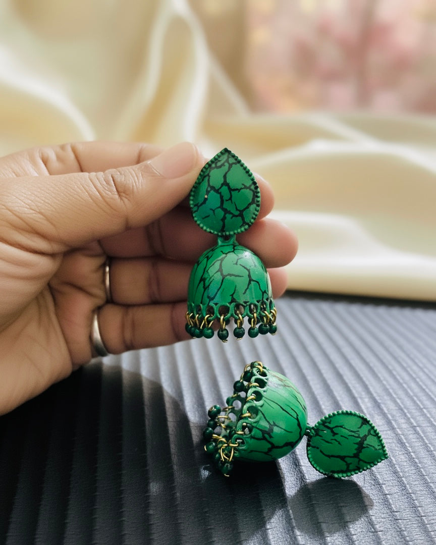 Emerald Crackle Leaf Jhumkas