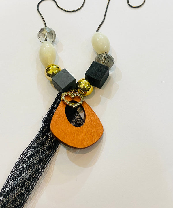 Boho Chic Wooden Teardrop Pendant Necklace with Black Lace Tassel