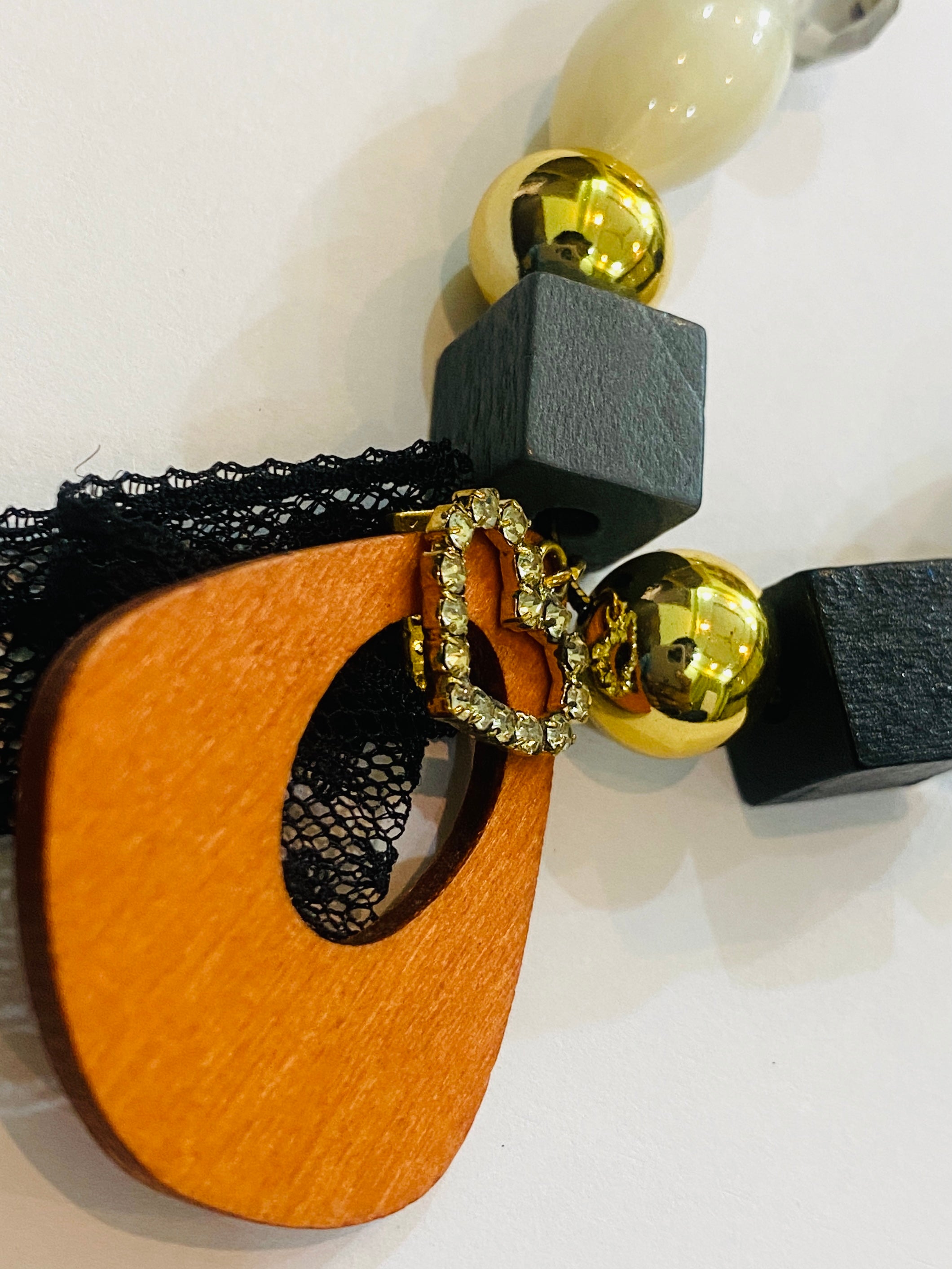 Boho Chic Wooden Teardrop Pendant Necklace with Black Lace Tassel