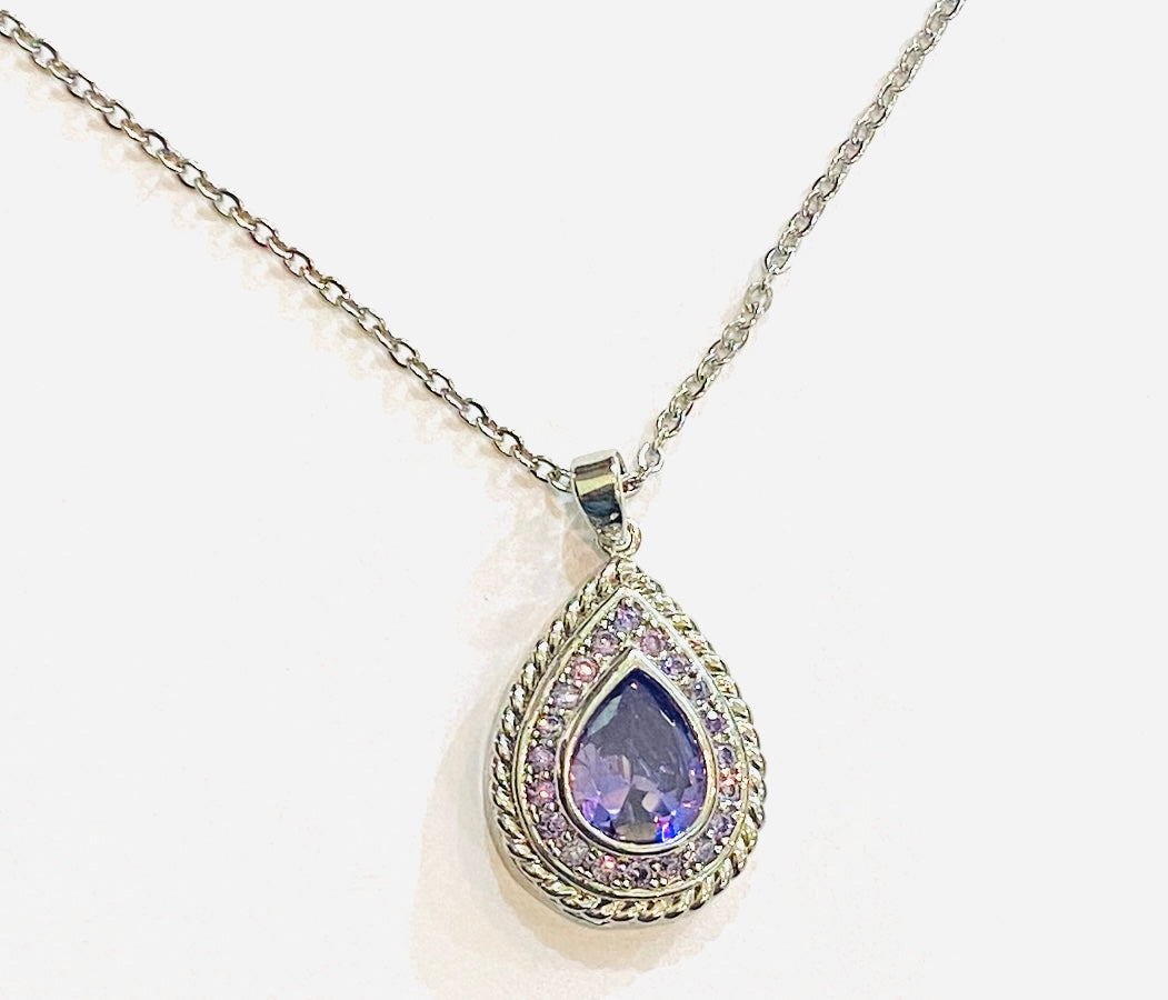Tanzanite-Tone Tear Drop Silver-Coated Necklace
