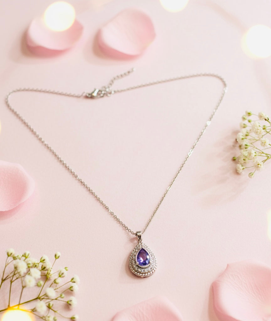 Tanzanite-Tone Tear Drop Silver-Coated Necklace