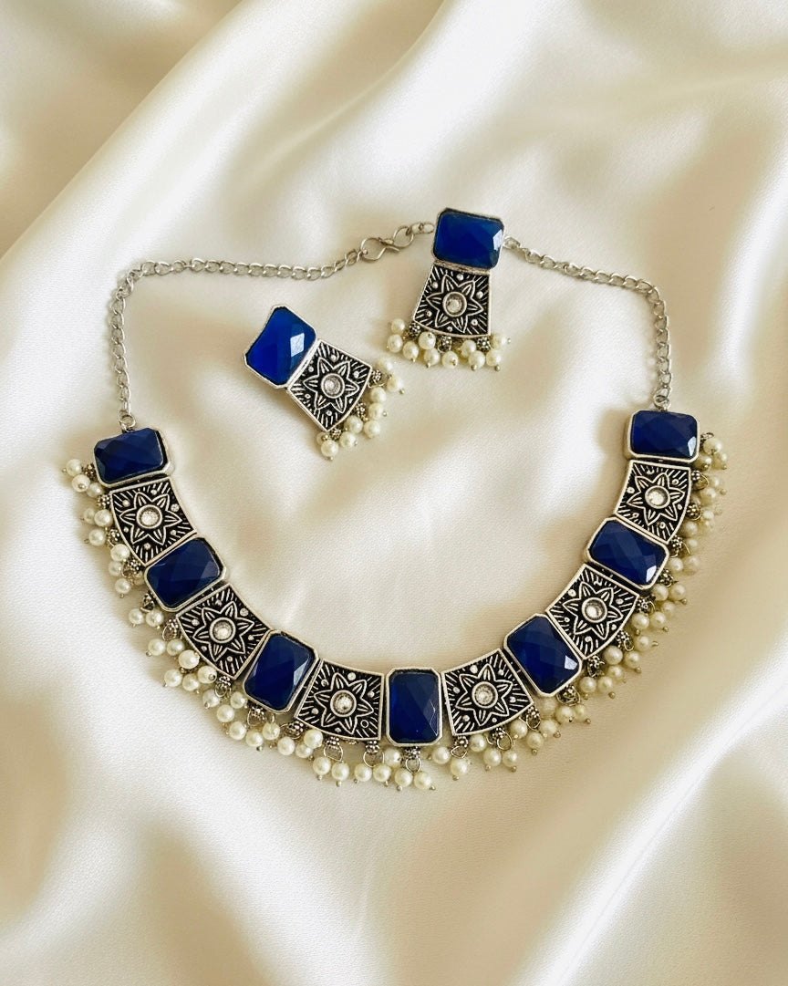 Ocean Blue & Pearl Oxidized German Silver Necklace Set