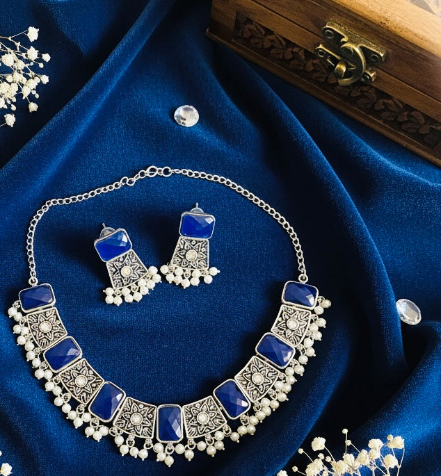 Ocean Blue & Pearl Oxidized German Silver Necklace Set