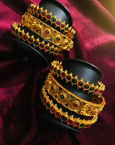 Emerald-Ruby Kemp Stone Kada Bangle Set