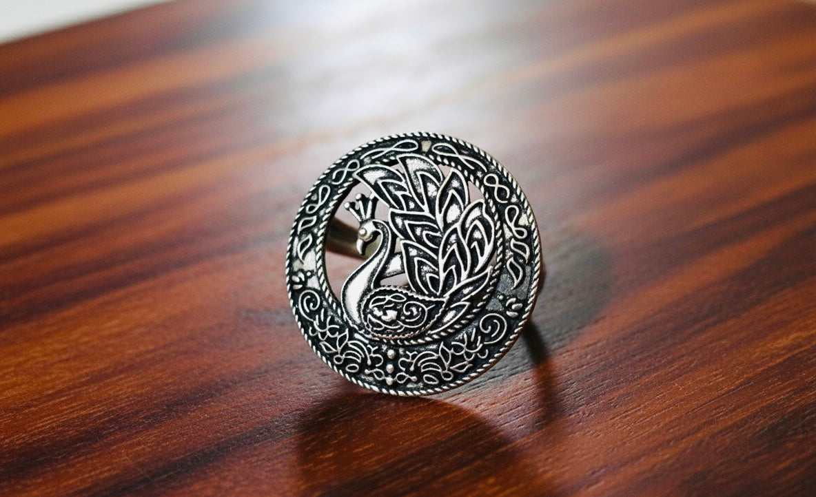 Intricate Oxidised Silver-Tone Peacock and Foliage Statement Ring