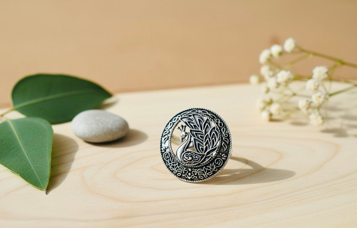 Intricate Oxidised Silver-Tone Peacock and Foliage Statement Ring