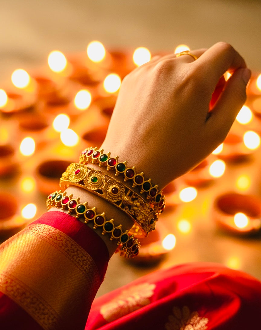 Emerald-Ruby Kemp Stone Kada Bangle Set