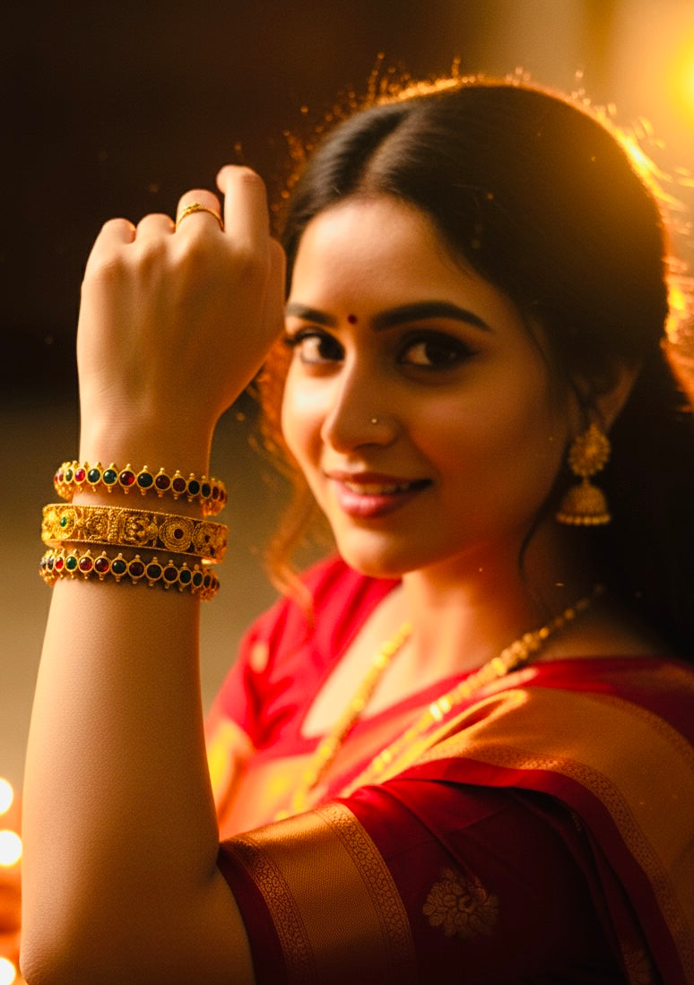 Emerald-Ruby Kemp Stone Kada Bangle Set