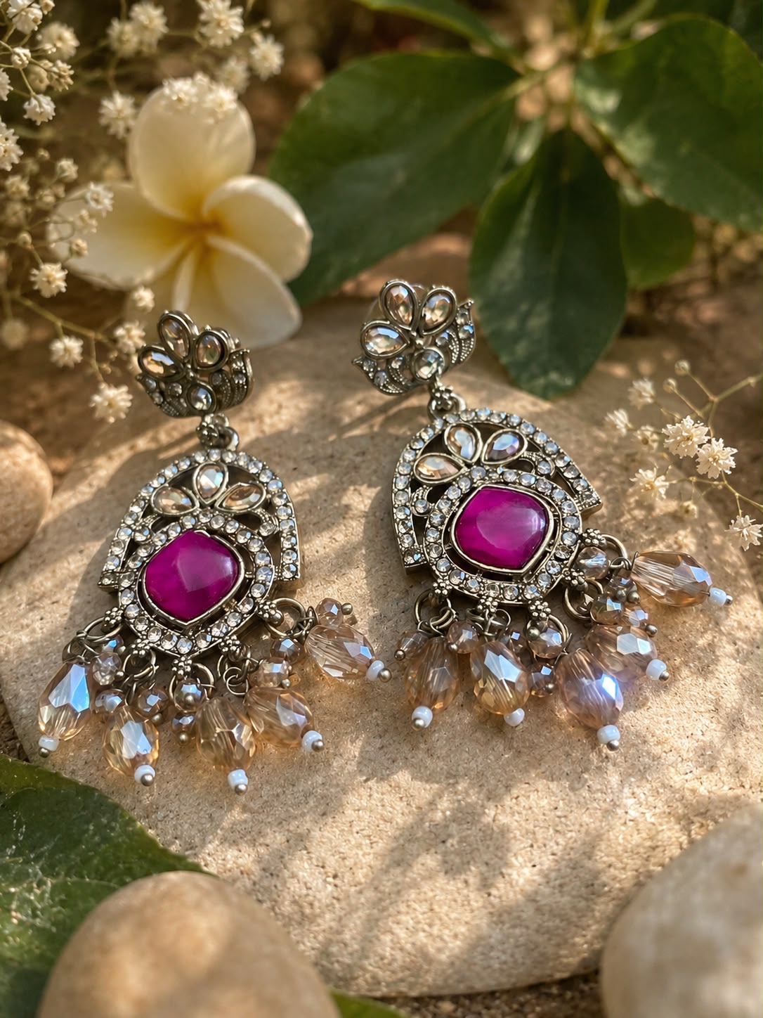 Rani pink stone antique chandbail earings for women