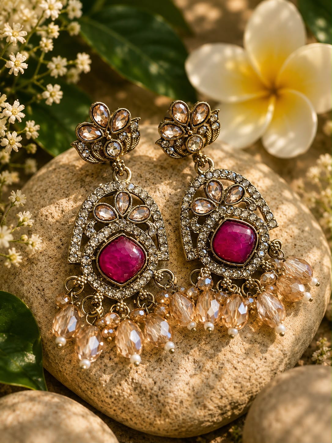 Rani pink stone antique chandbail earings for women