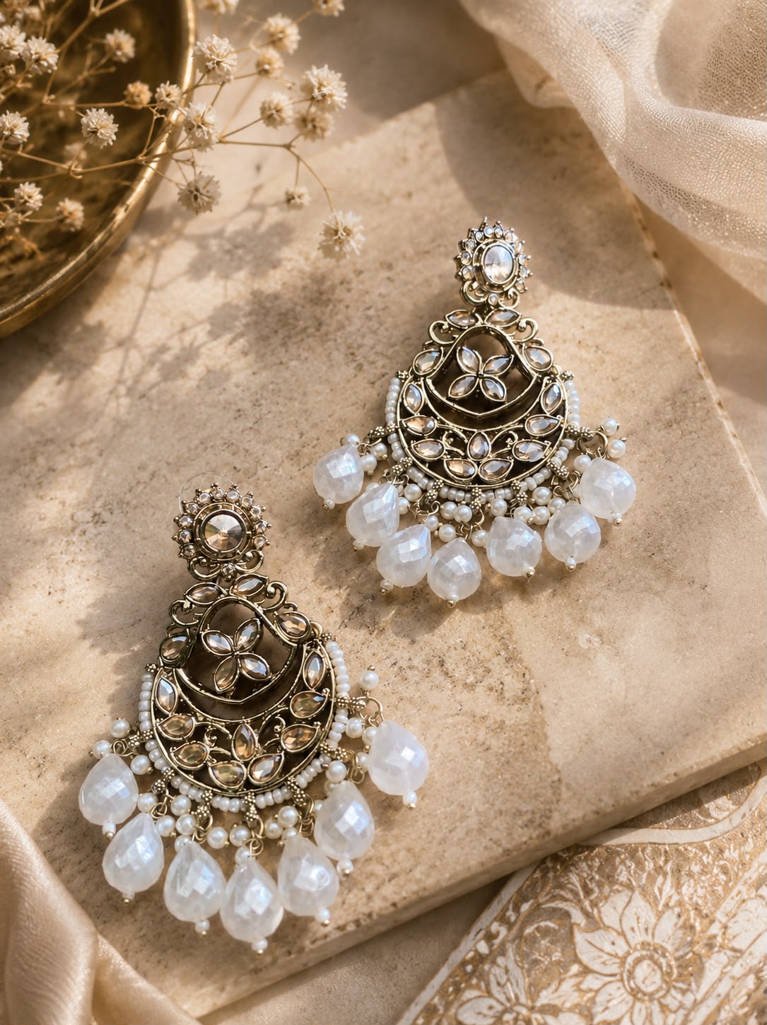 Elegant kundan pearl drop chandbail earrings