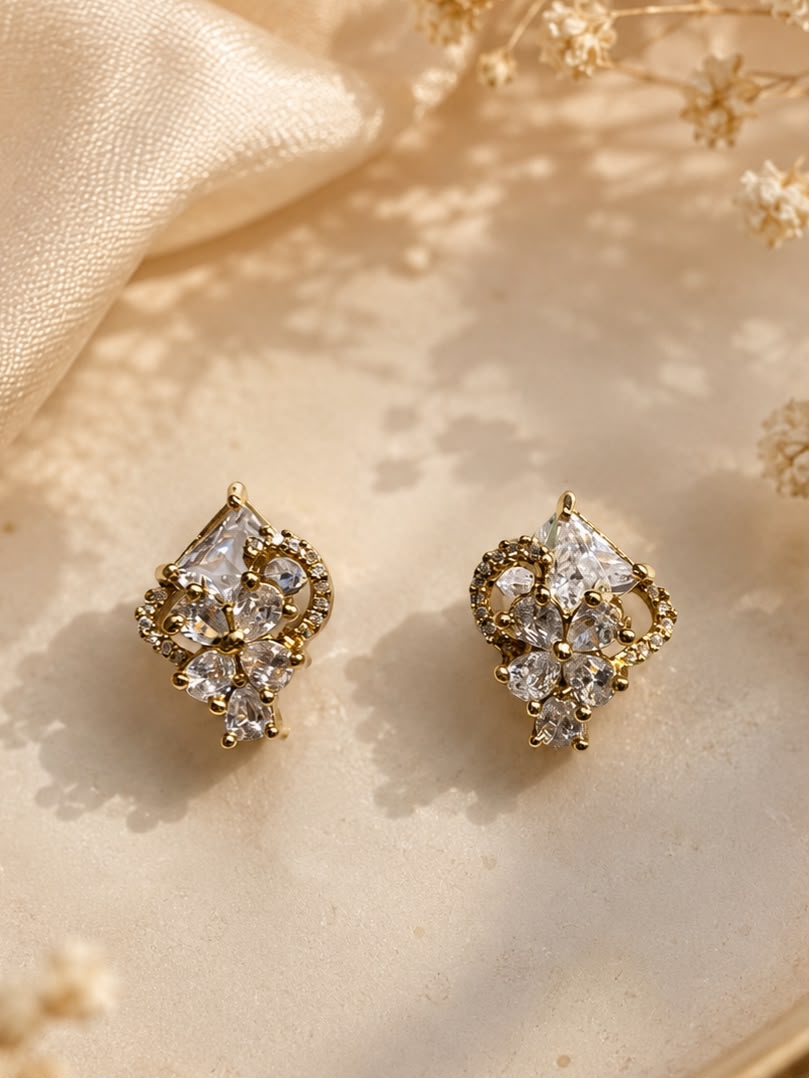 Golden Crystal Floral Stud Earrings