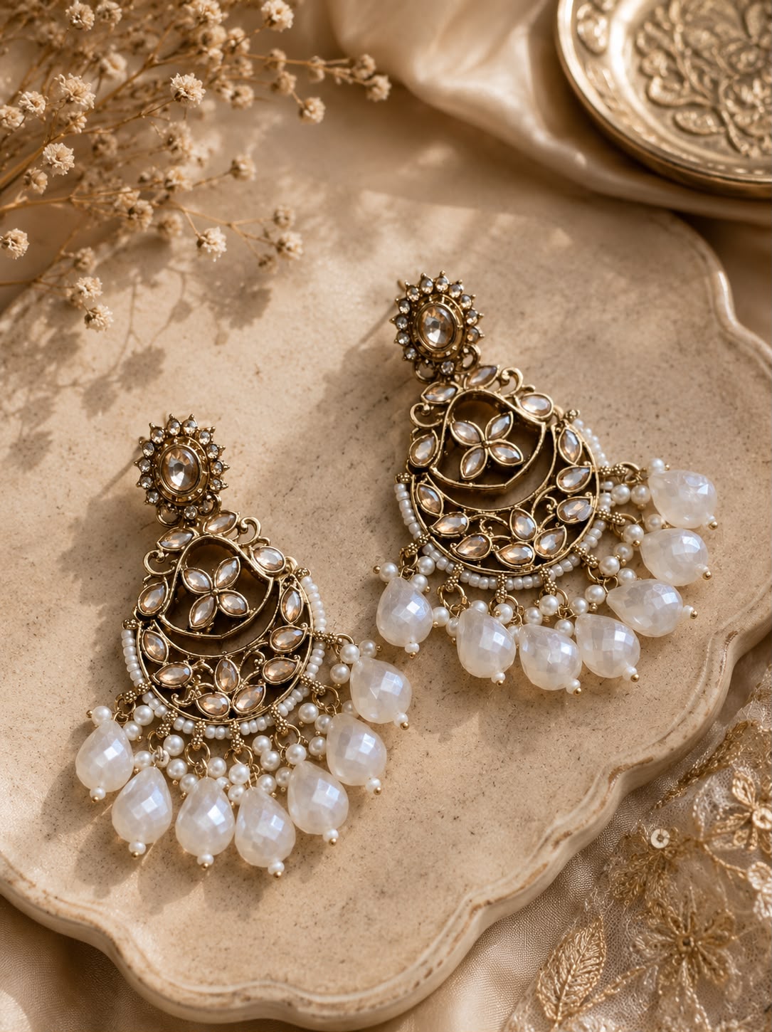 Elegant kundan pearl drop chandbail earrings