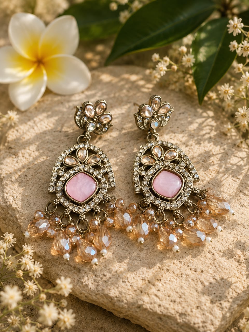 Pink stone antique chandbail earrings