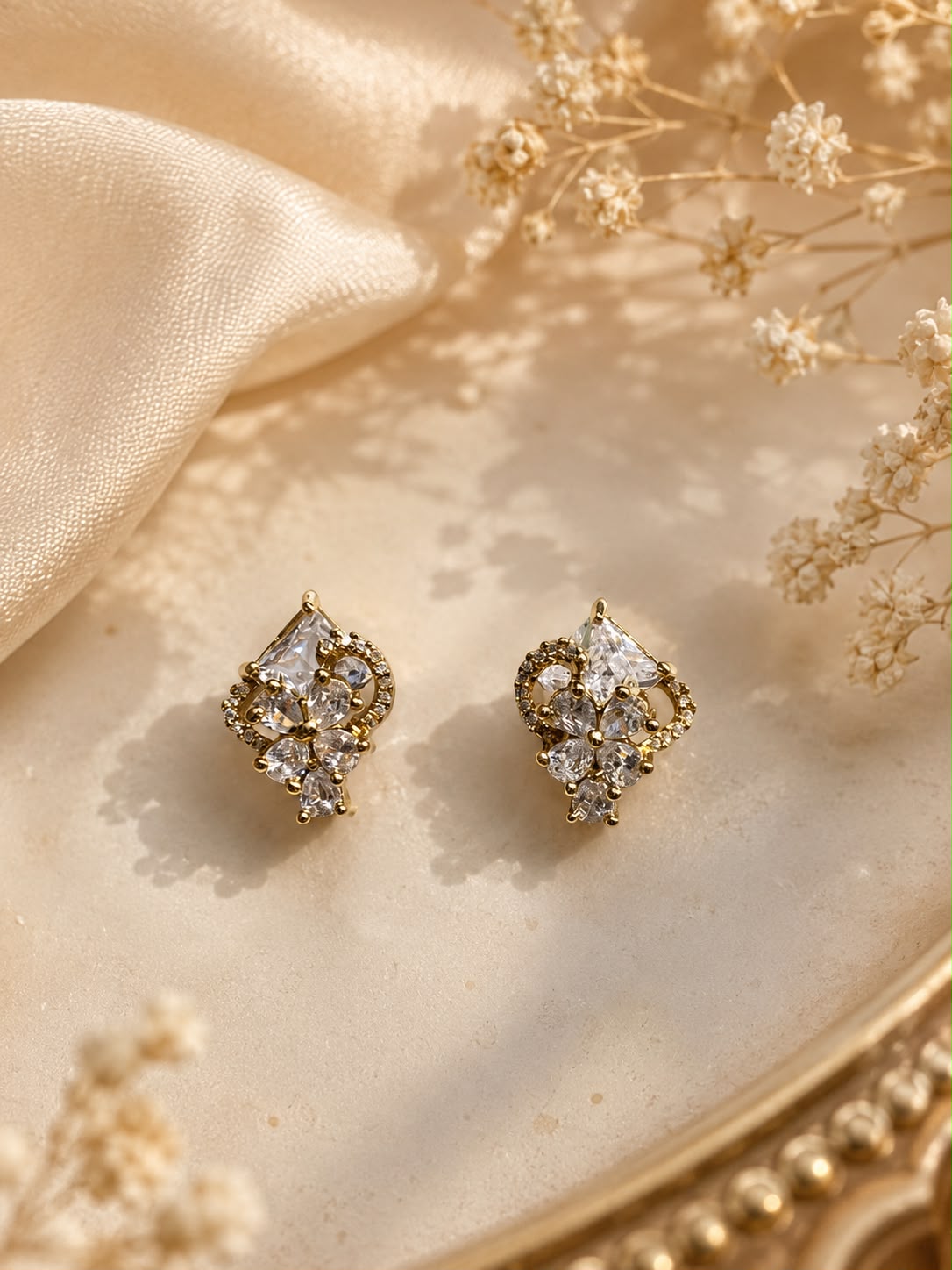 Golden Crystal Floral Stud Earrings